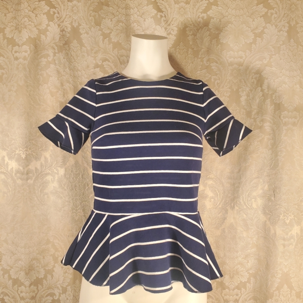 J. Crew Navy Blue & White Stripe Short Sleeve Peplum Waist Shirt